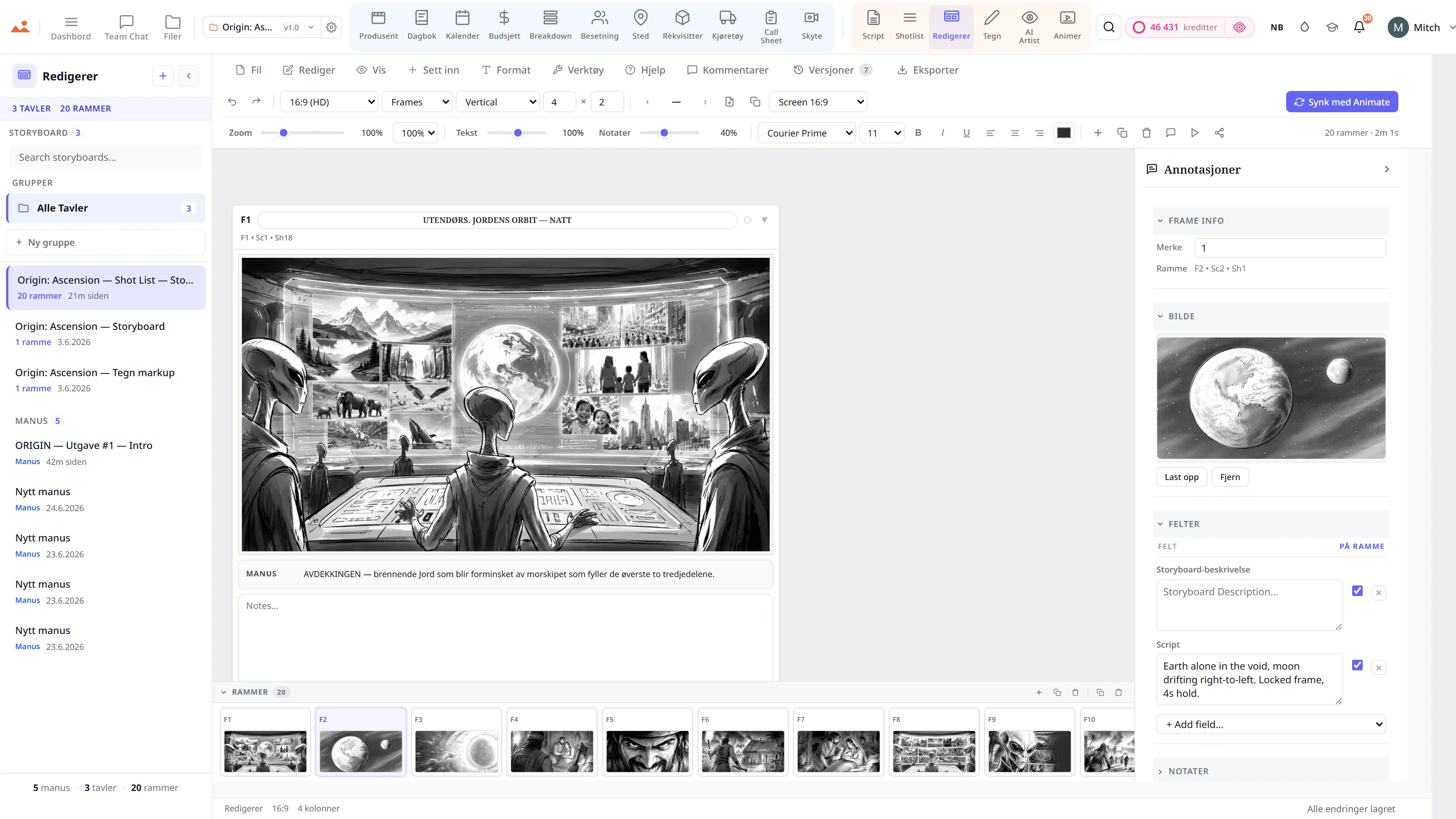 Storyboard-redigerer - en science-fiction sekvens med shot-type og kamera-bevegelsesnotater.
