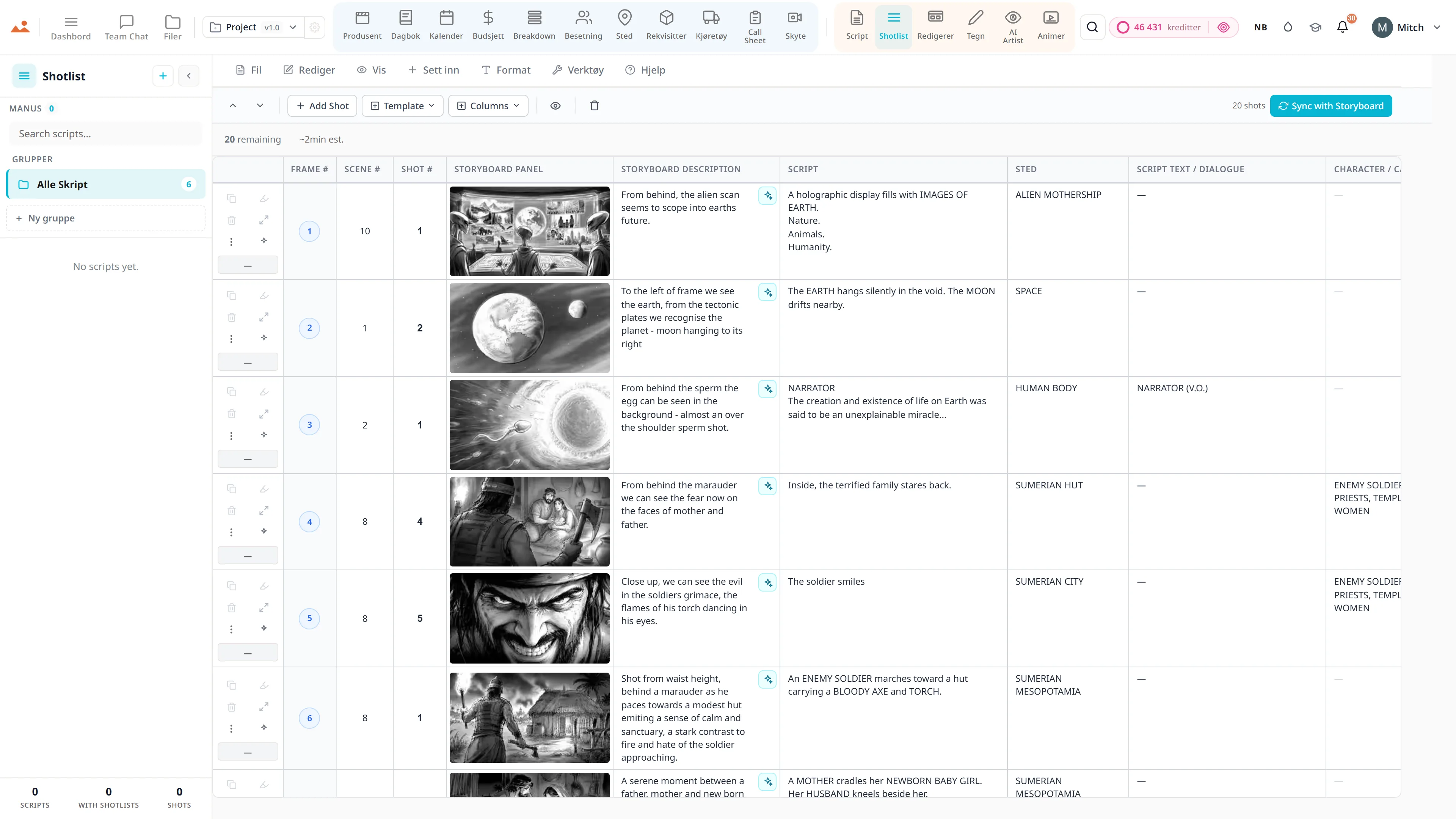 Shotliste-app - kamera, linse og bevegelse per shot, knyttet til storyboard-rammer.