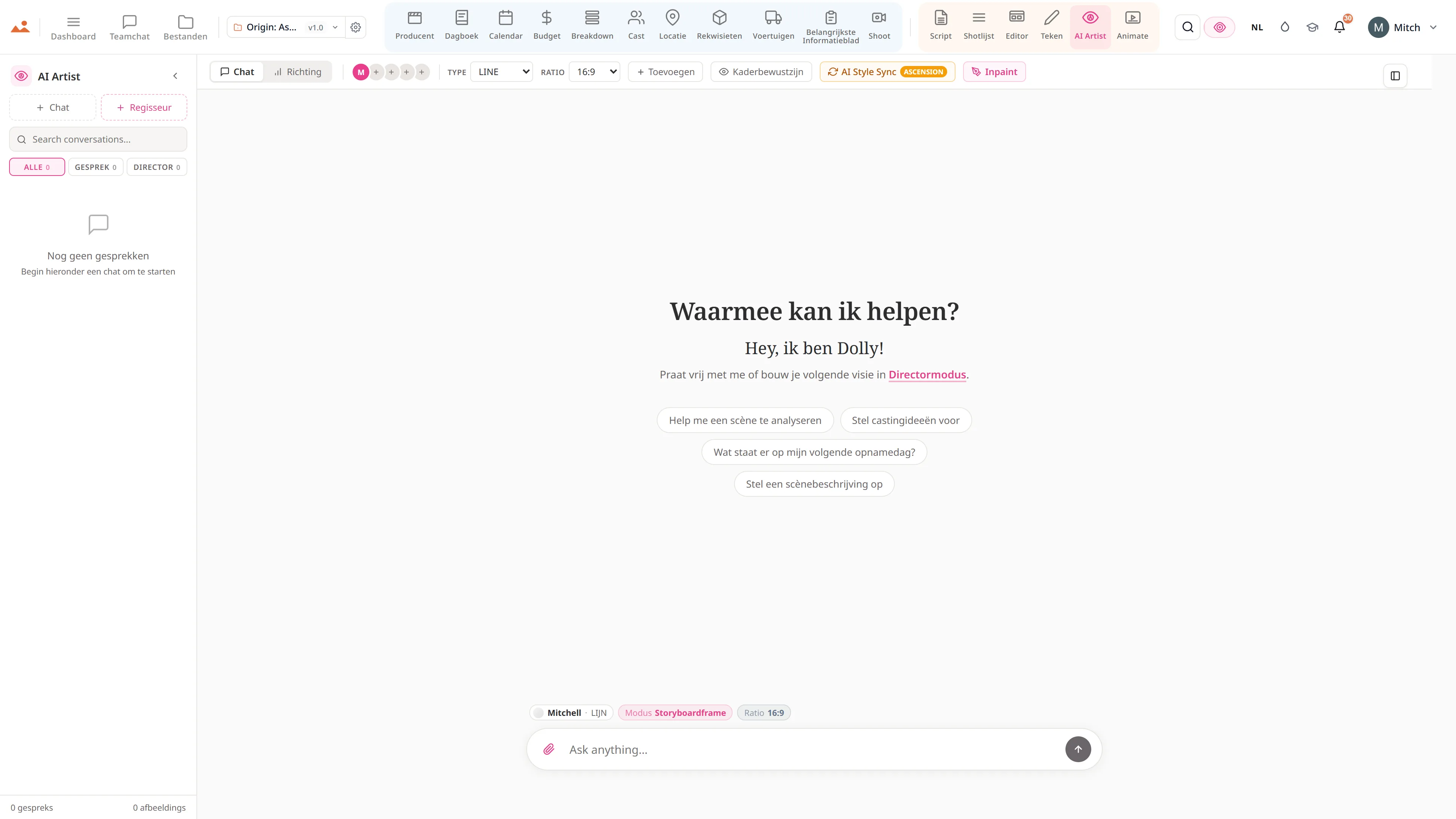 De AI Artist app in de gratis demo, genereert een Origin: Ascension storyboardframe in de vergrendelde huisstijl van het project.