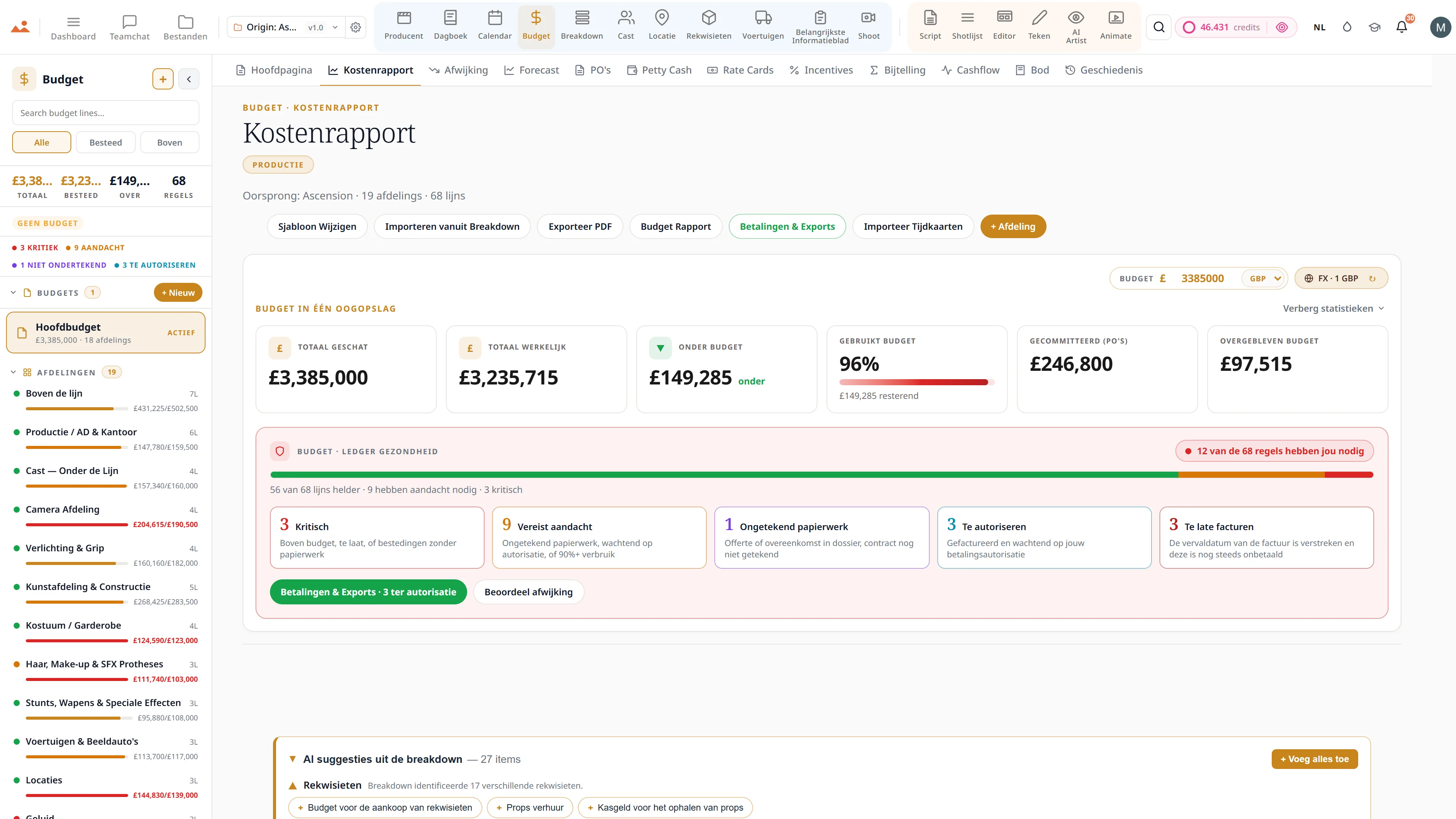 Film budget app - top sheet, kostenrapport en variatie tracking in GBP.