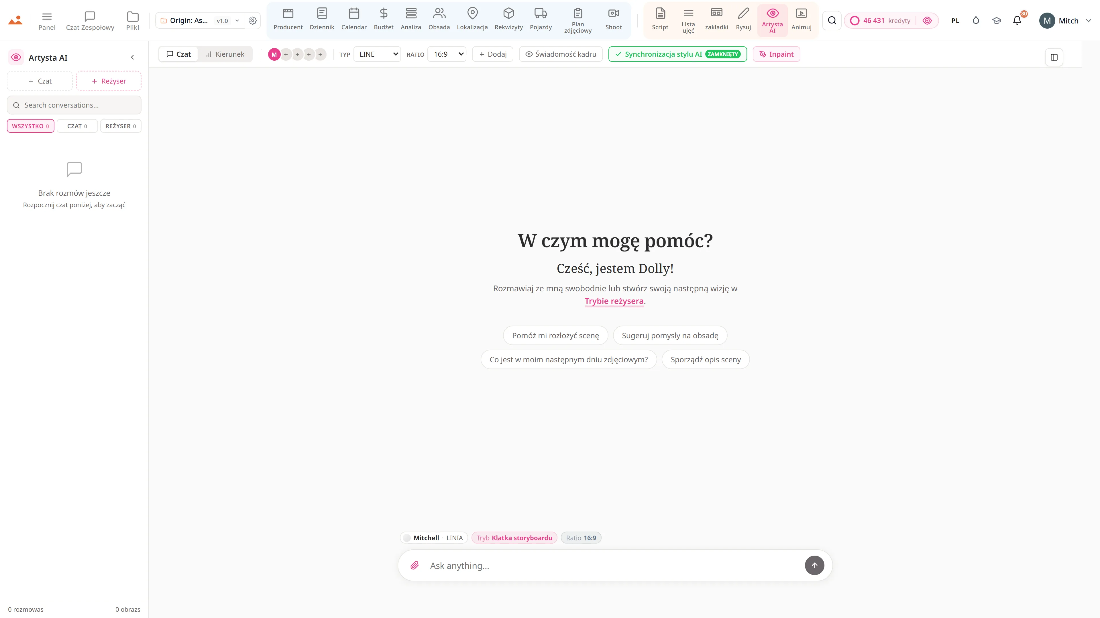 Aplikacja AI Artist w darmowej wersji demonstracyjnej, generująca klatkę storyboardu w zablokowanym stylu domu projektu.