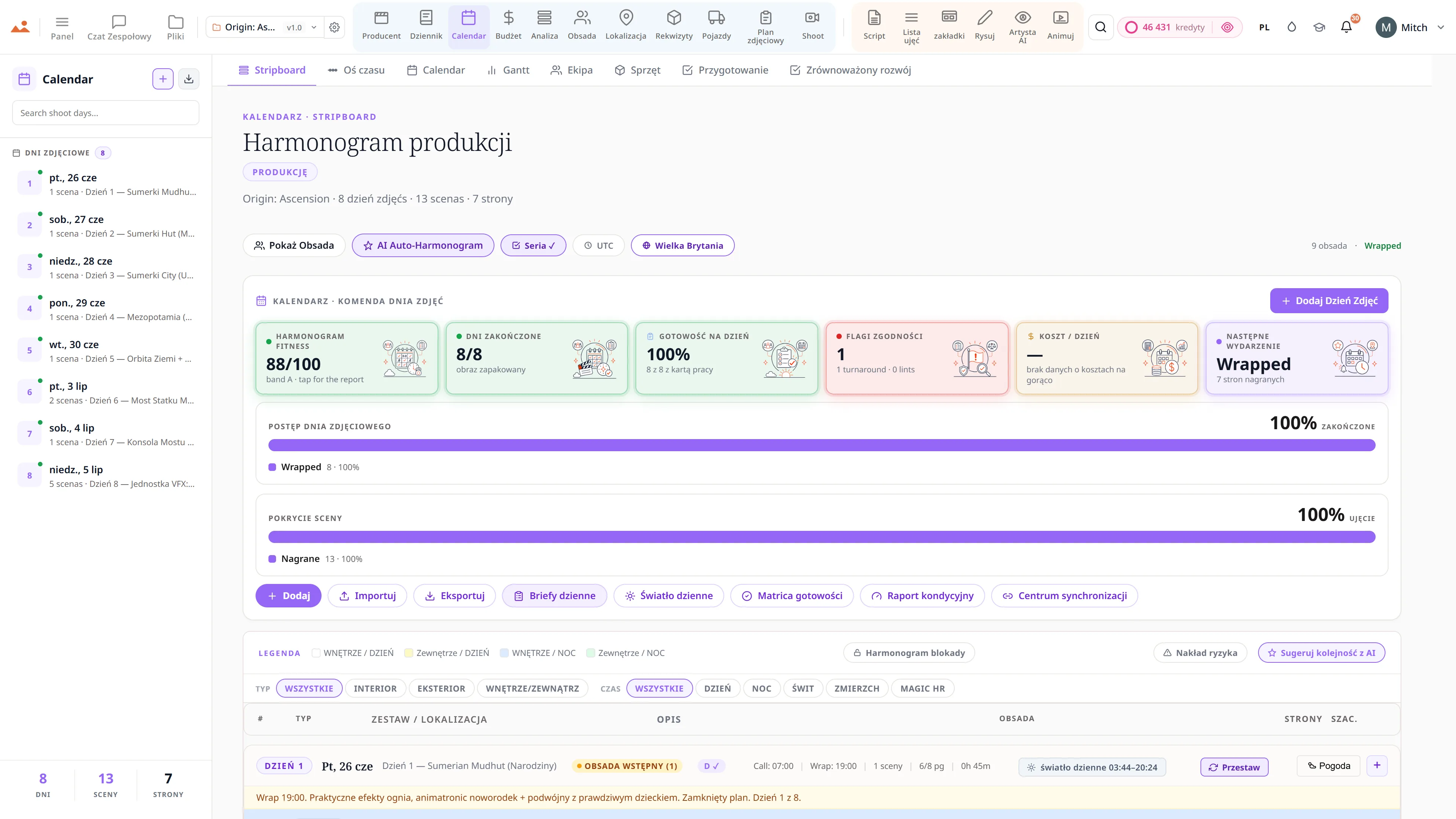 Kalendarz produkcji i stripboard - kolorowe paski sceniczne na dni zdjęciowe.