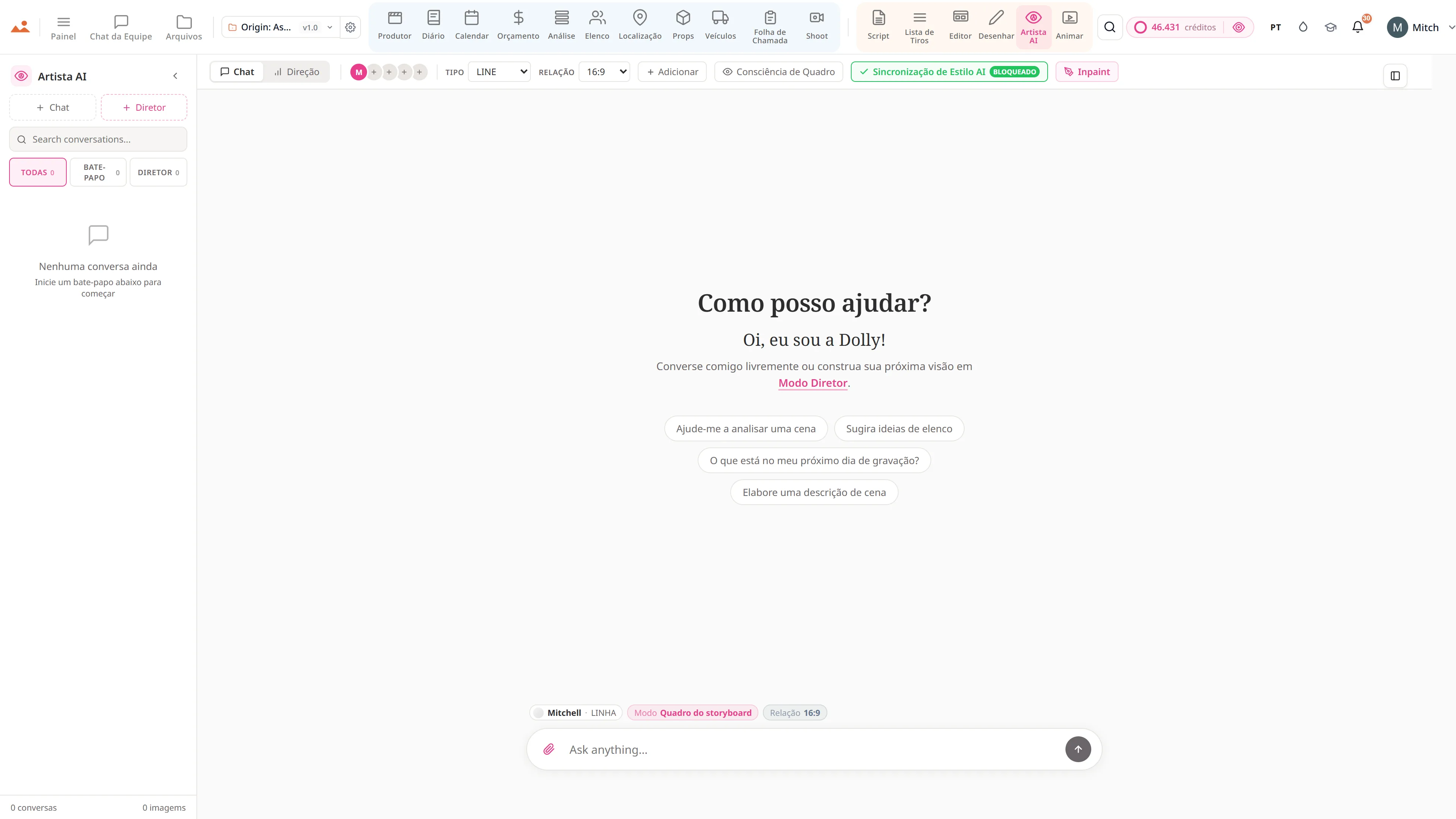 AI Artist - geração de imagem de storyboard com estilo bloqueado com o motor DollyAI™.