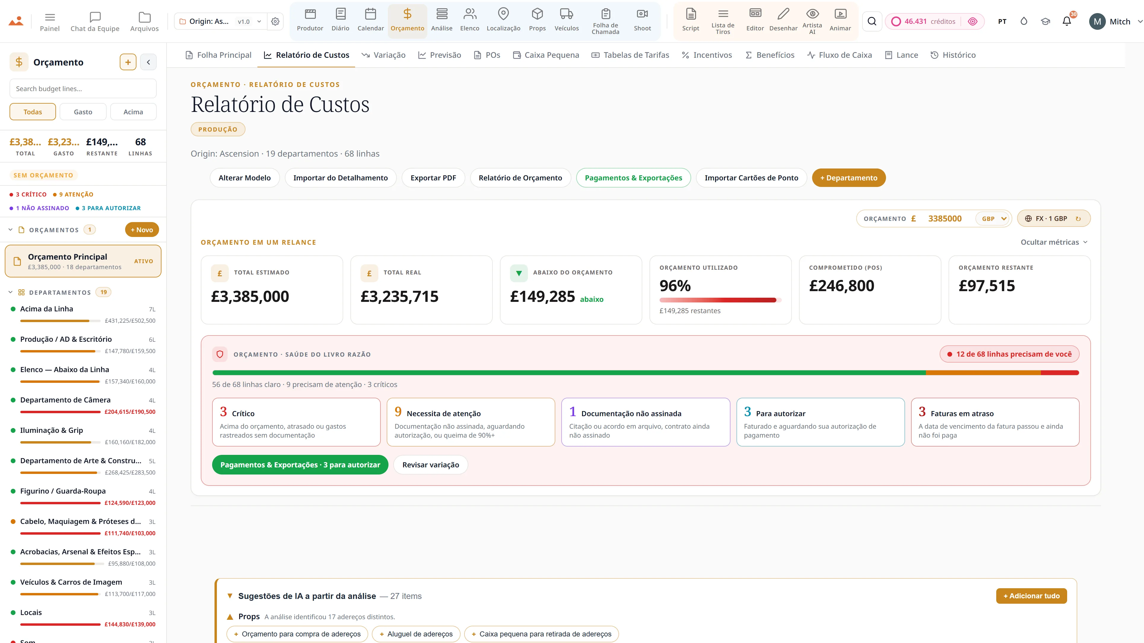 Aplicativo de orçamento de filme - folha principal, relatório de custos e acompanhamento de variações em GBP.