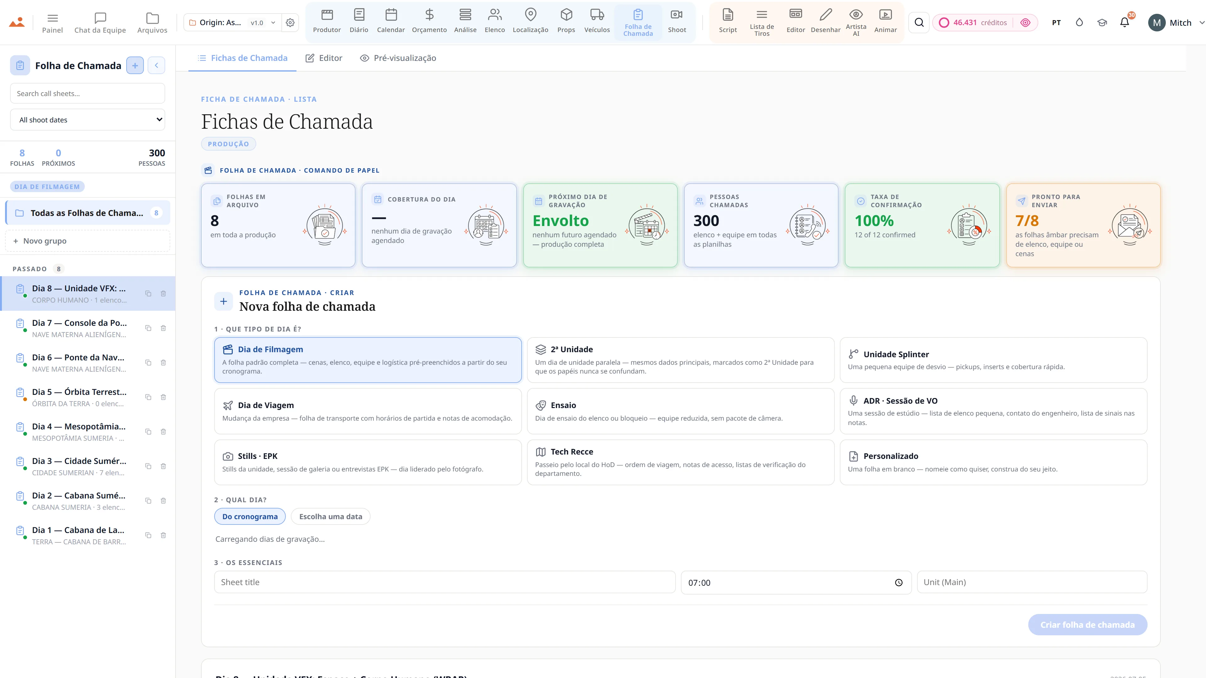 O aplicativo Call Sheet na demonstração gratuita, mostrando uma Origin: Ascension folha de chamada do dia de filmagem finalizada.