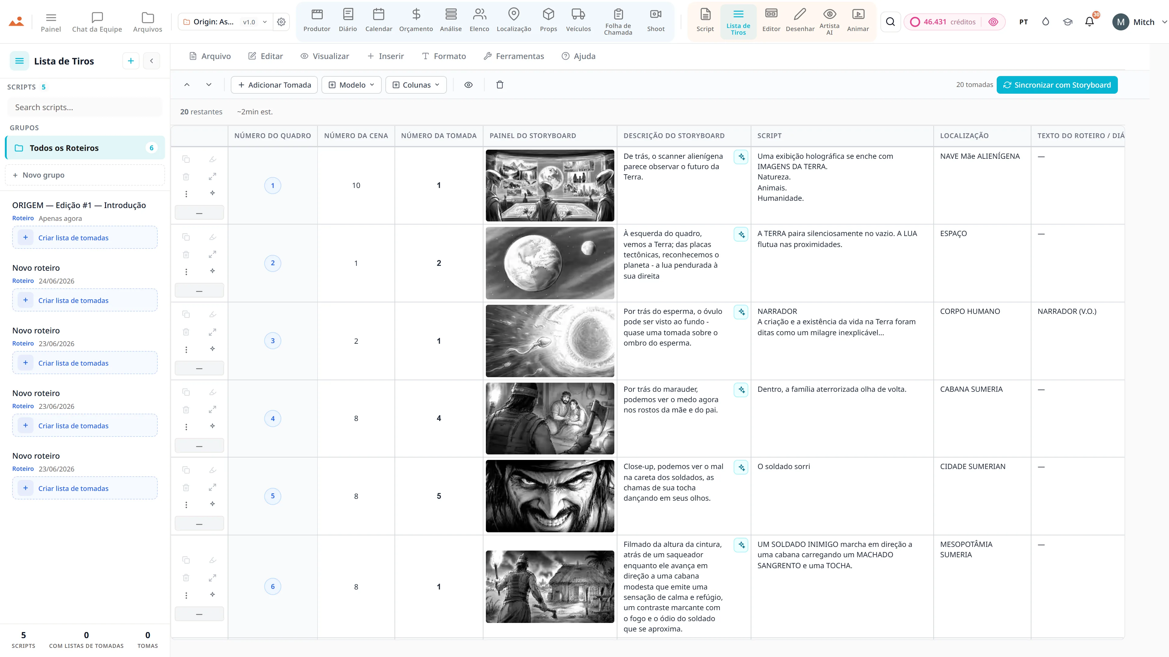 Aplicativo de lista de tomadas - câmera, lente e movimento por tomada, vinculado aos quadros do storyboard.