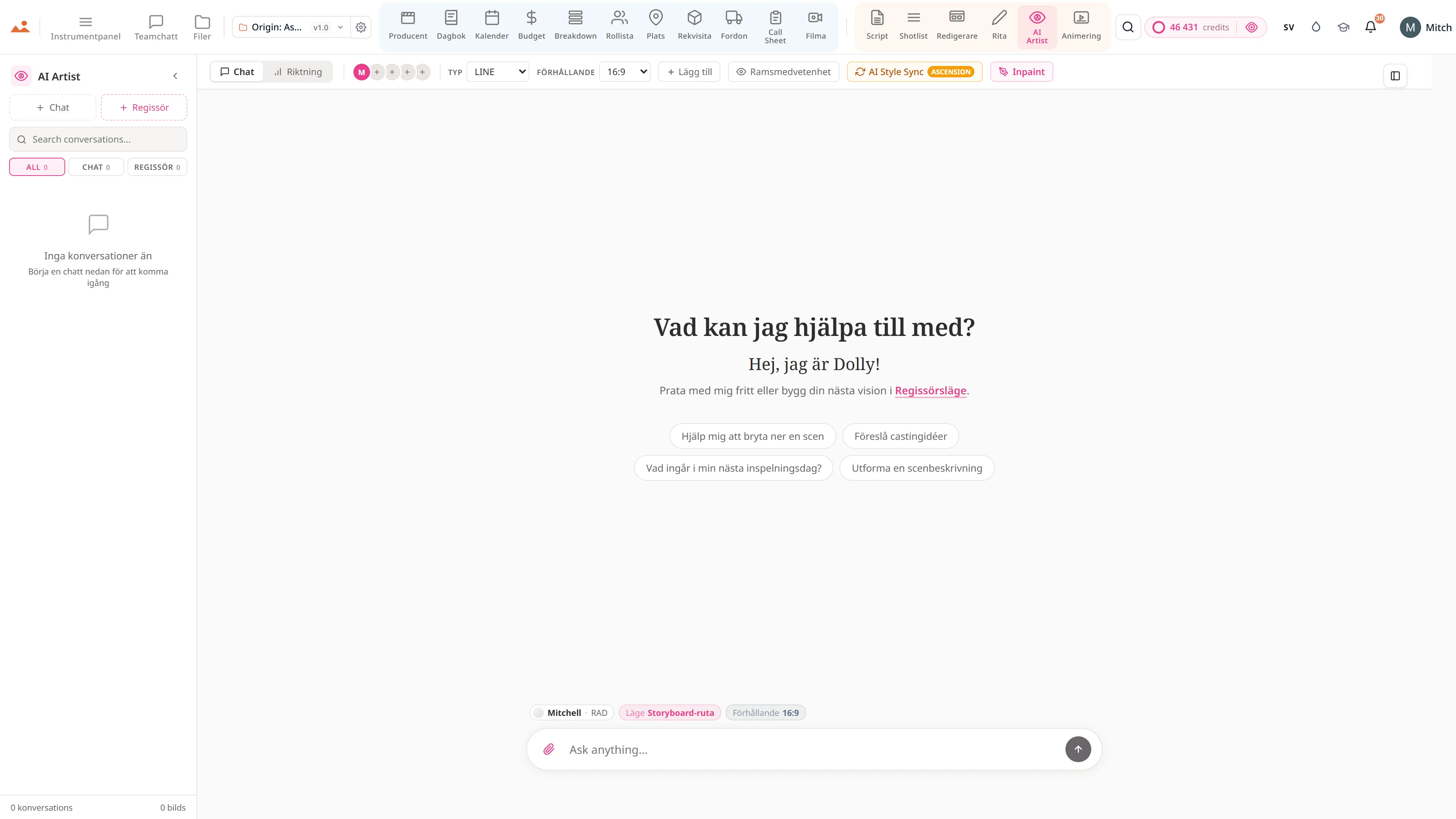 AI Artist-appen i den kostnadsfria demon, som genererar en Origin: Ascension storyboardram i projektets låsta husstil.