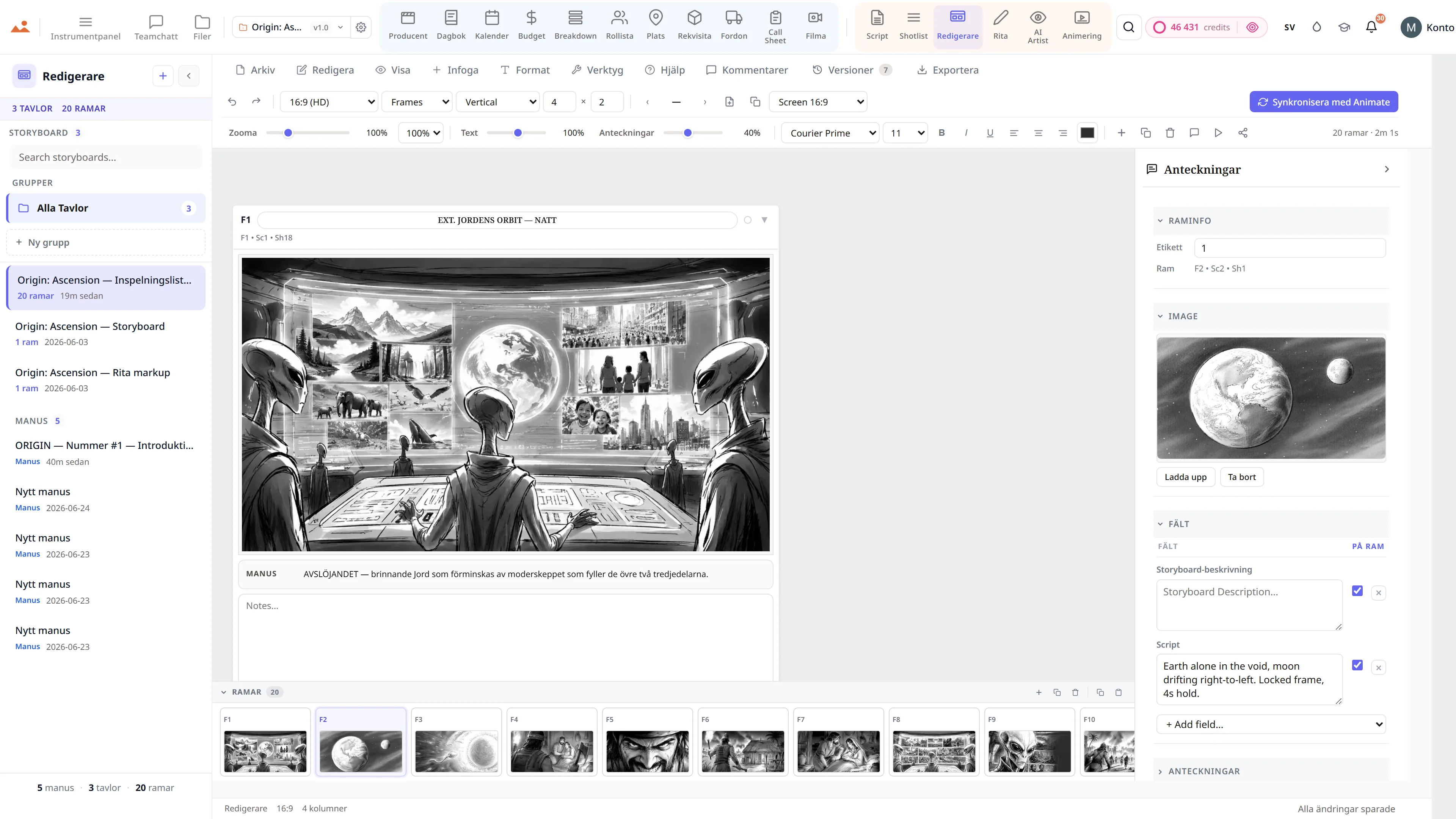 Storyboardredigerare - en science fiction-sekvens med skott-typ och kamerarörelse-anteckningar.