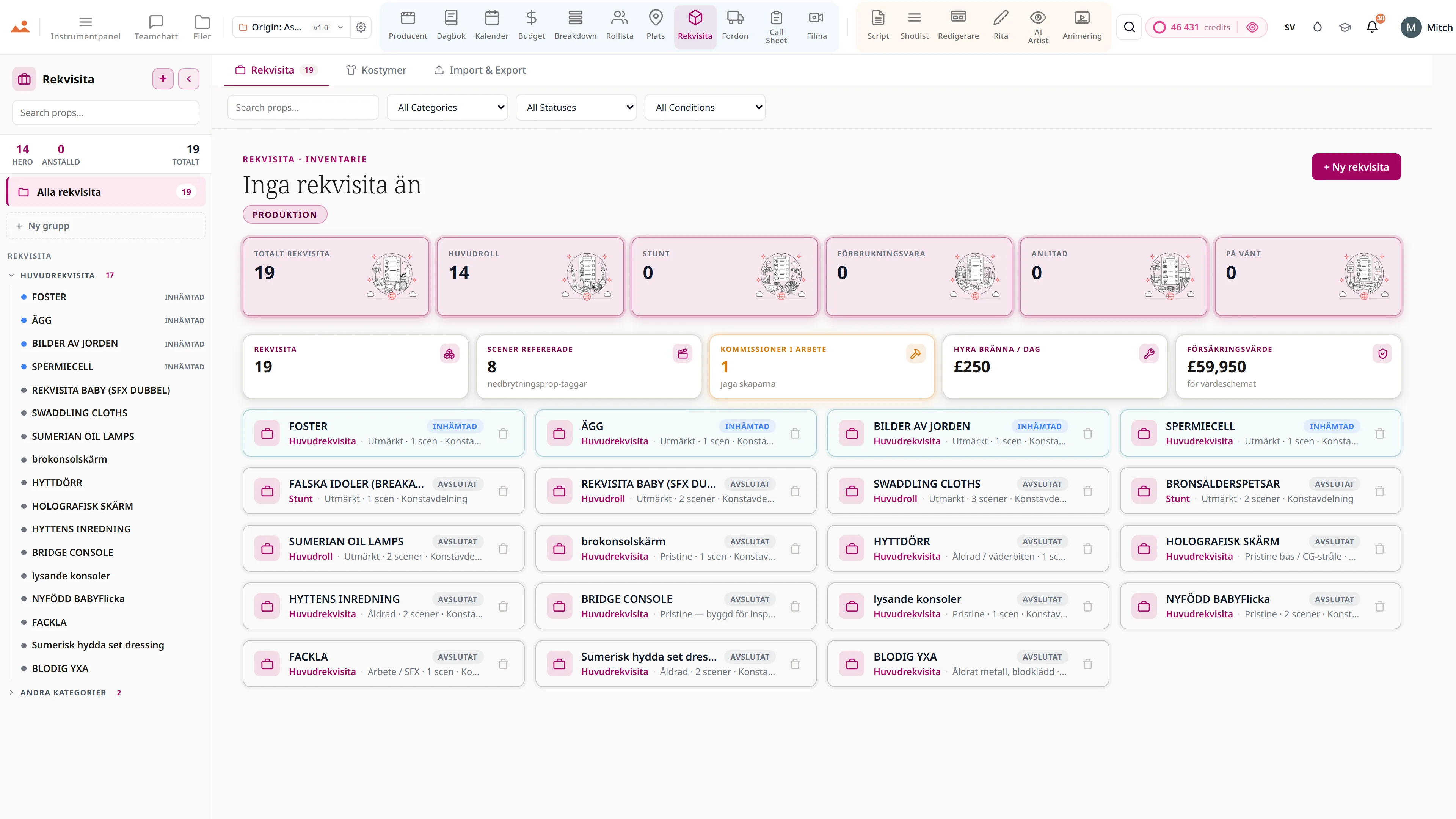 Rekvisita och kostymkontinuitet - rekvisitainventering med uthyrningsstatus och scenreferenser.