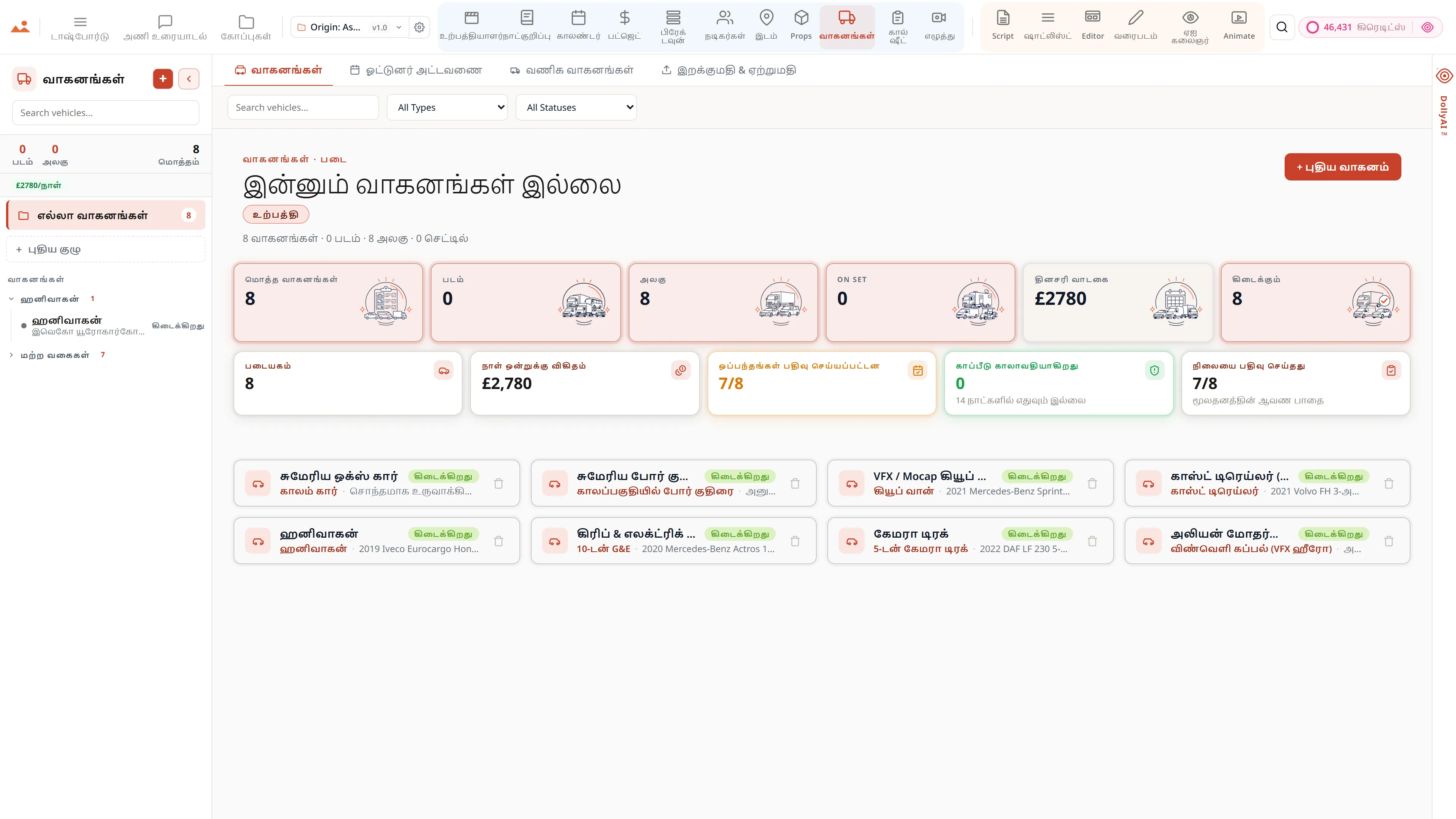 படம் மற்றும் யூனிட் வாகனங்கள் - காப்பீடு, பலகைகள் மற்றும் ஓட்டுநர் அட்டவணையுடன் படகுப் பட்டியல்.