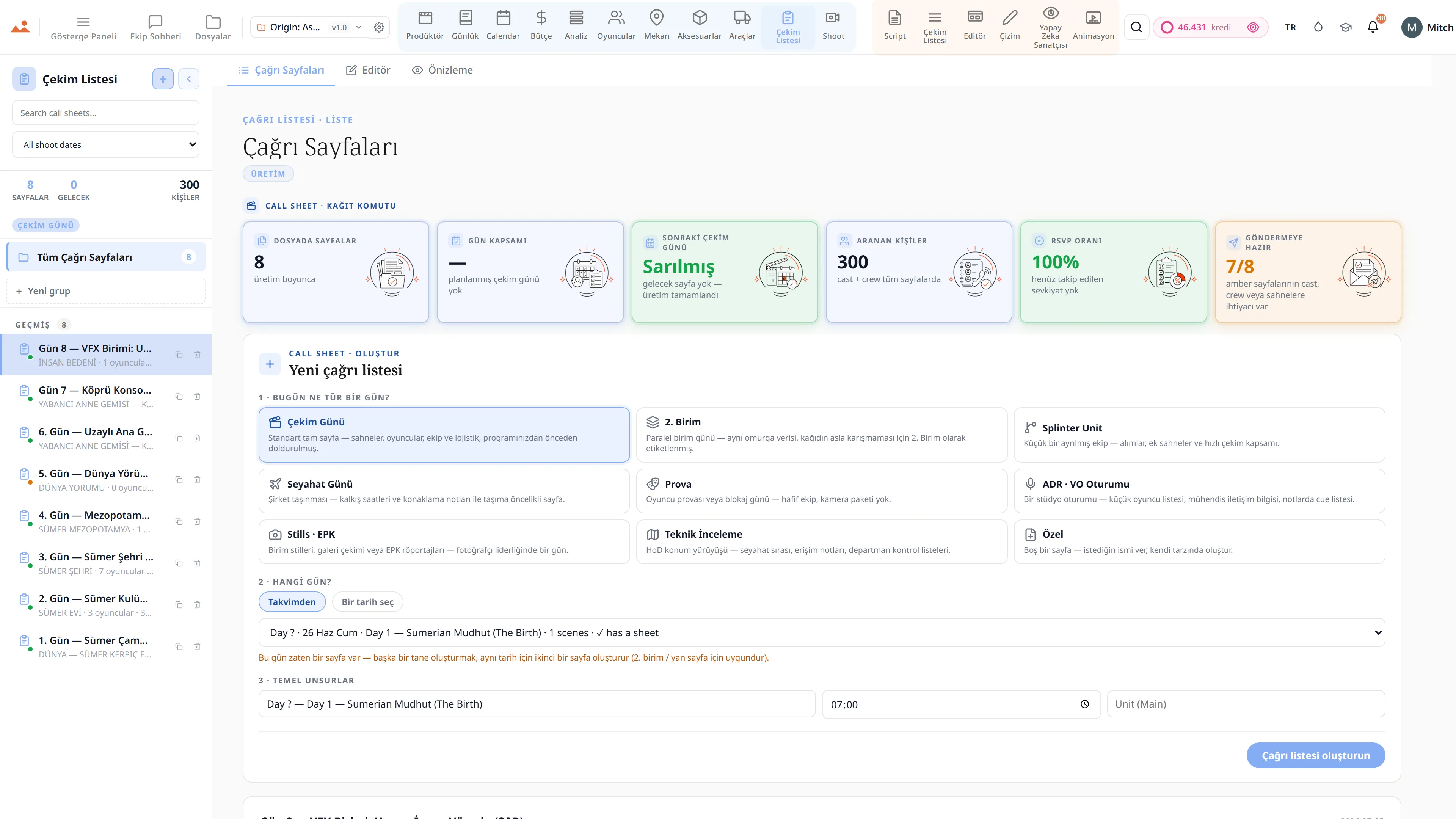 Call Sheet uygulaması, tamamlanmış bir çekim günü çağrı listesini gösteriyor, ücretsiz demo versiyonunda.