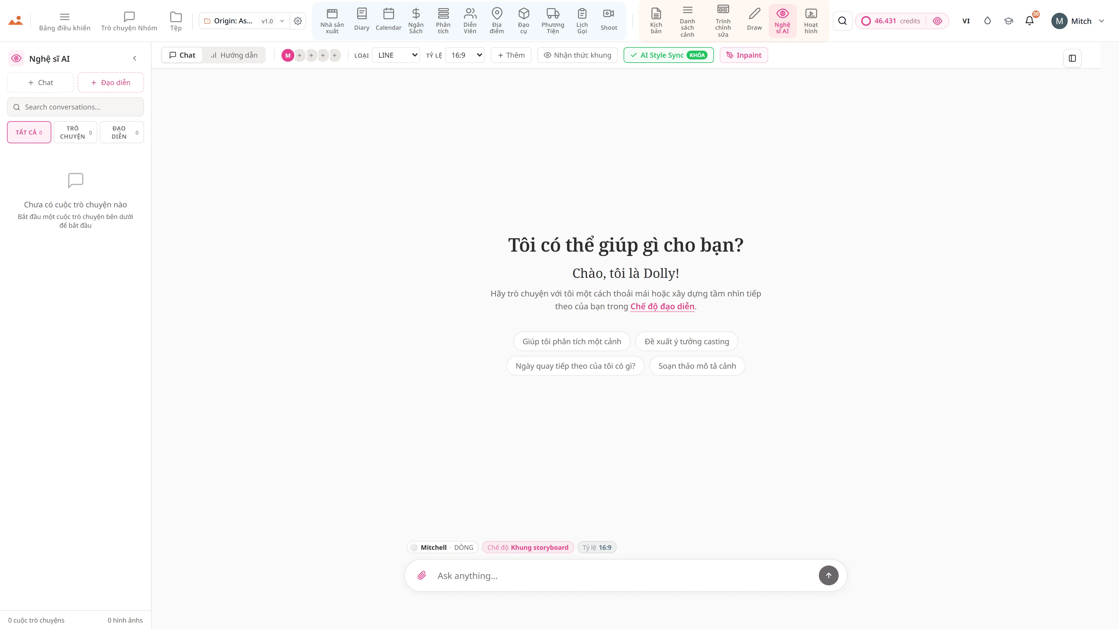 Ứng dụng AI Artist trong bản demo miễn phí, tạo ra một khung storyboard trong phong cách nhà khóa của dự án.