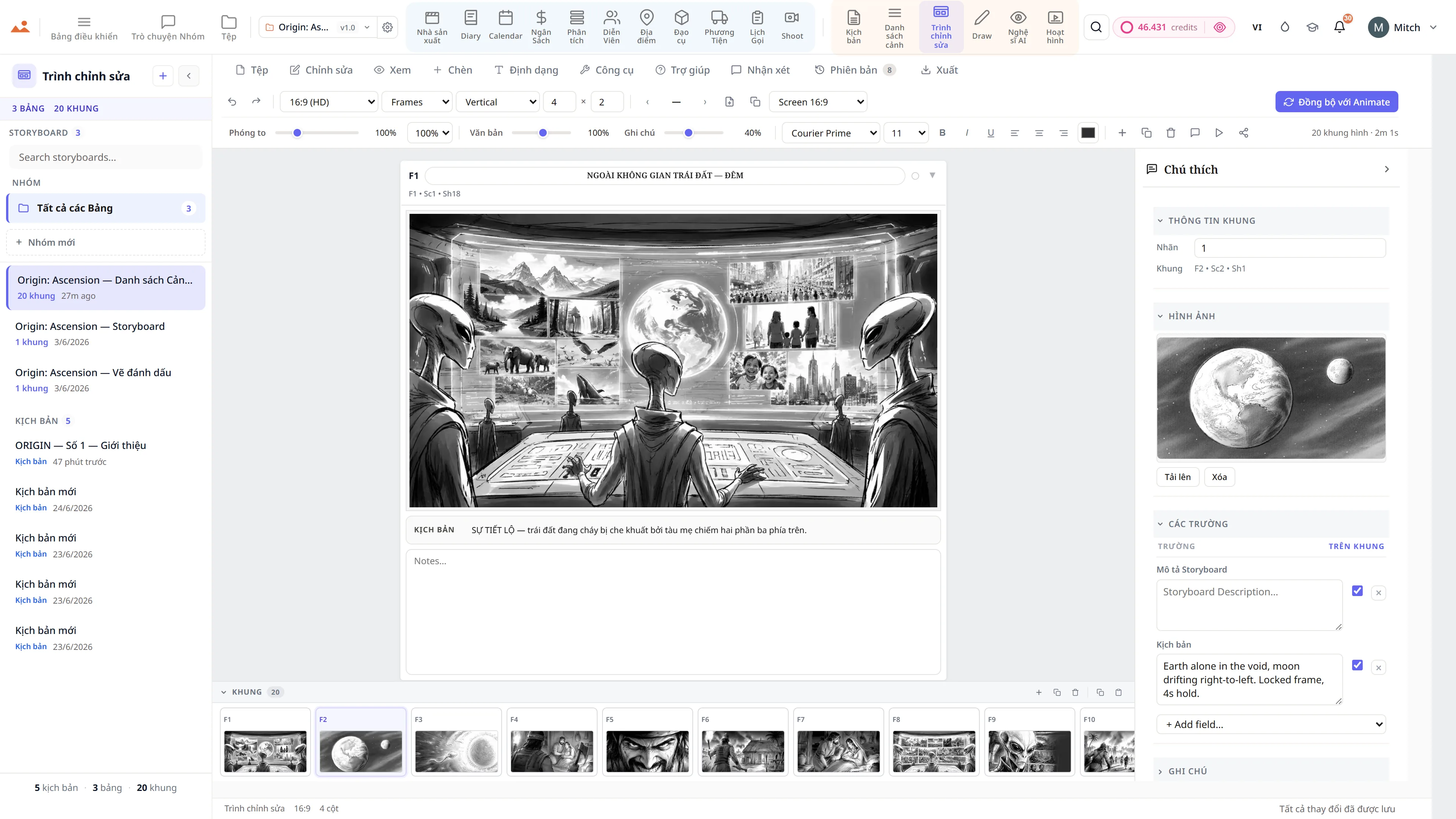 Trình chỉnh sửa storyboard - một chuỗi khoa học viễn tưởng với các chú thích loại cảnh và chuyển động máy ảnh.